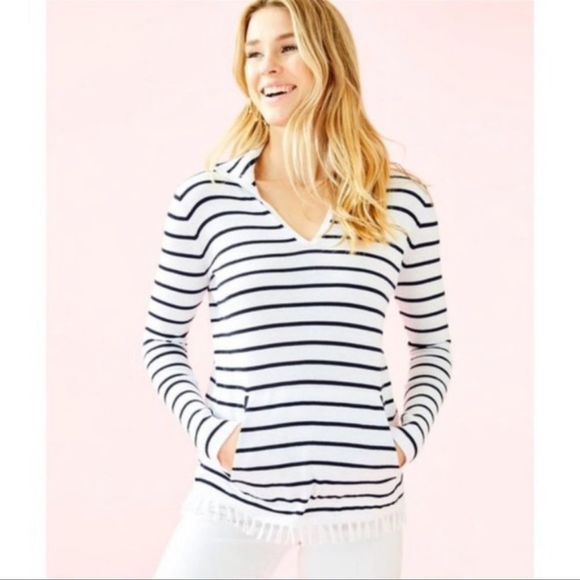 Lilly Pulitzer White/Navy Striped Crestwood V-Neck Pullover Sweater w/Coolmax XS - Picture 5 of 16